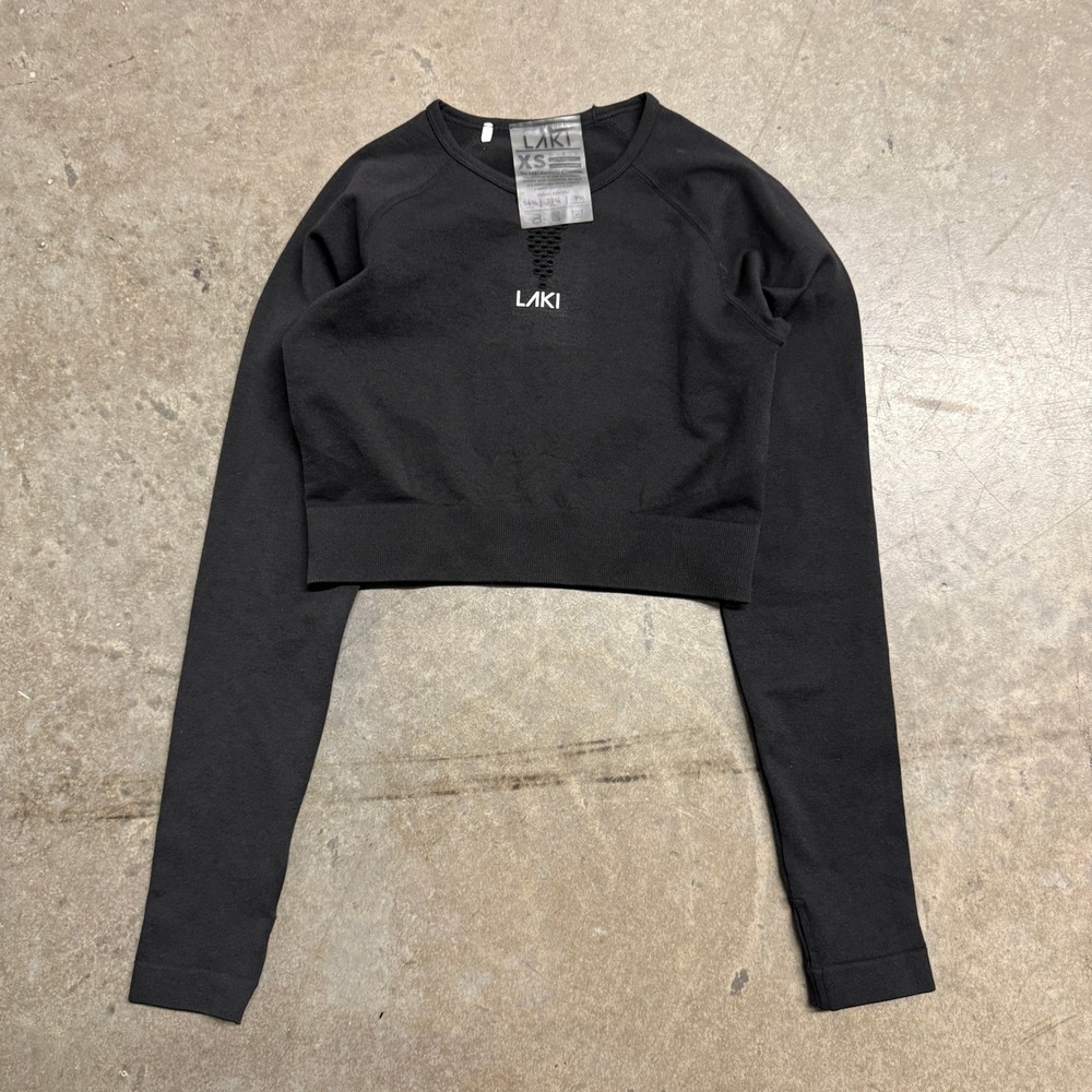 LAKI Active Black Seamless Long‎ Sleeve Crop Top Workout Shirt Womens XS